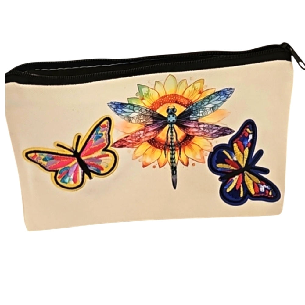 Hand Crafted canvas makeup bag pencil case iron transfer embroidery butterfly